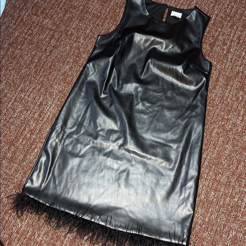 For Cynthia faux leather sheath mini dress with feather trim relaxed fit party S